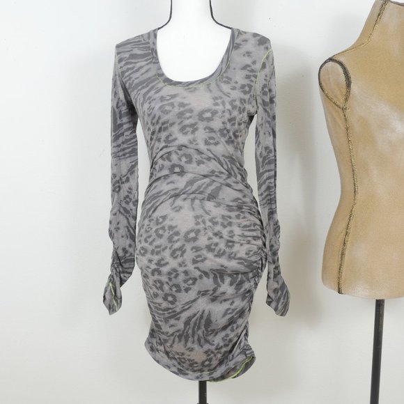 Rebecca Taylor Ruched T Dress Gray Leopard Long Sleeve Bodycon SZ Large Dress - Picture 1 of 9